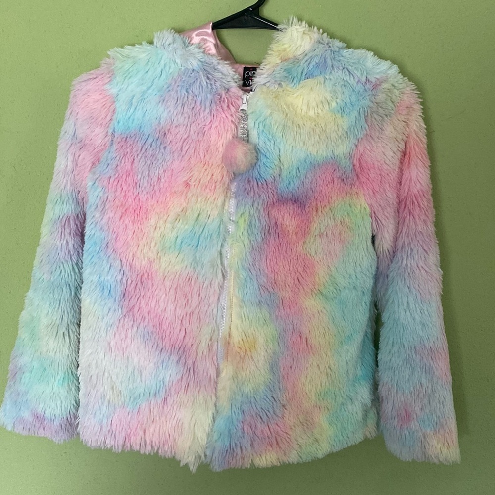 55 🩵Brand Pink & Violet girls size L (10/12) multi colored pastel fur jacket